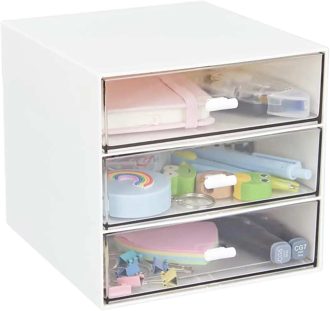 Desk Organizer with 3 Drawers, Clear Plastic Desk Storage Box, Desktop Organization for Office Supplies, Gel Pens, Pencils, Markers, Tape, Erasers, Paperclips, Chargers (White-3 Draws)