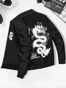 Men's Fitted Full Zip Dragon Print Pilot Jacket, Heavy Winter Windproof Coat, Casual Street Fashion Outerwear for Fall & Winter, Casual Trendy Coat