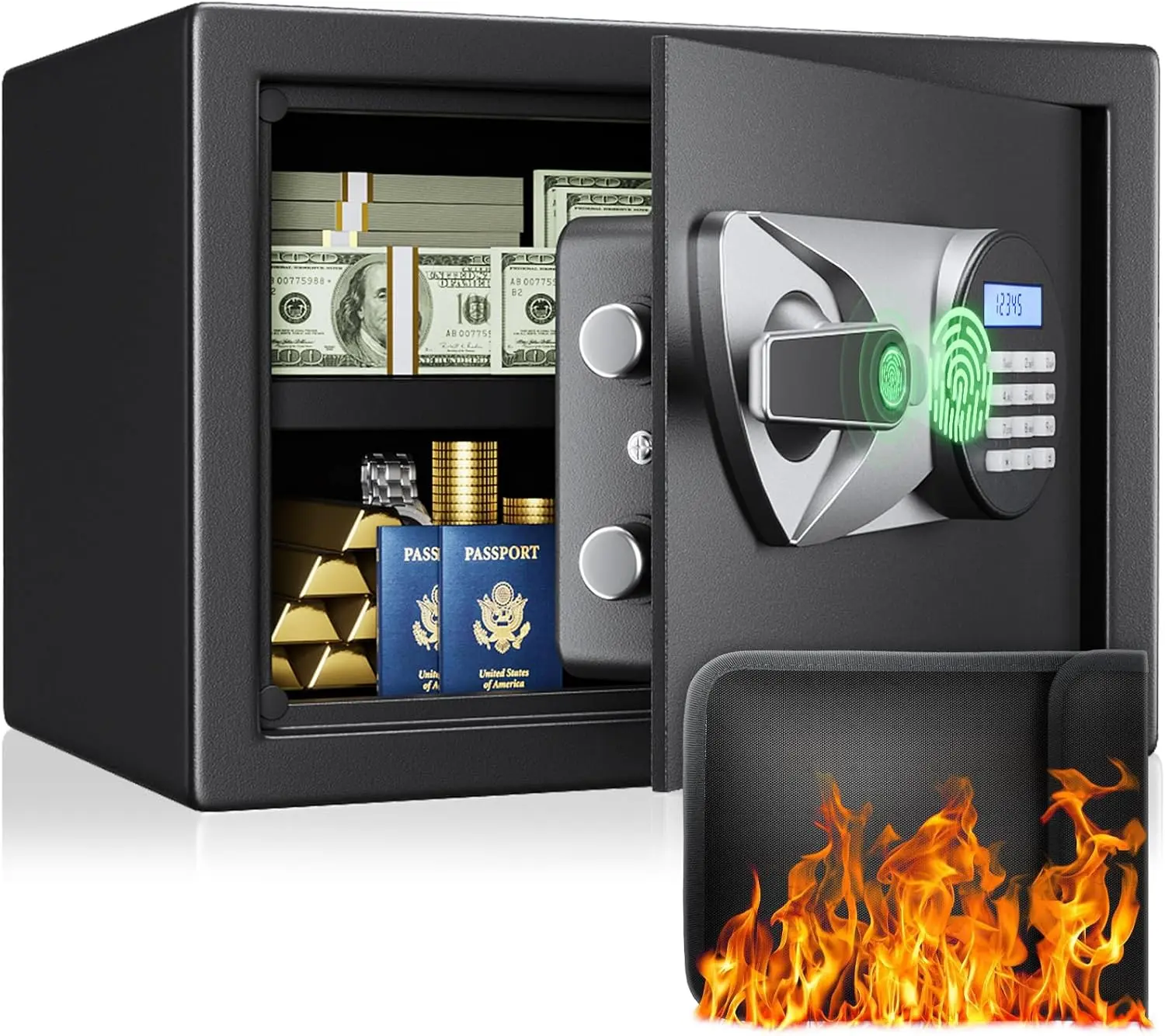 BlackSmith 1.0 Cu.Ft.Biometric Safe Box Cabinet Fingerprint Recognition with Keypad Lock Box,LCD Display,Wall Mount,Dual Alarm for Jewelry & Valuables