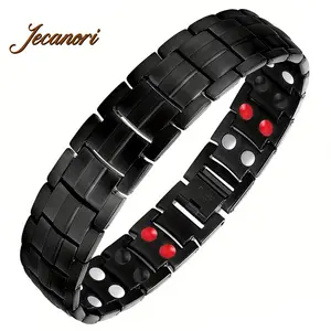 Jecanori Magnetic Bracelets for Men, Titanium Steel Magnet Bracelet with Double Rows Effective 4 Elements Stones Adjustable Bangle