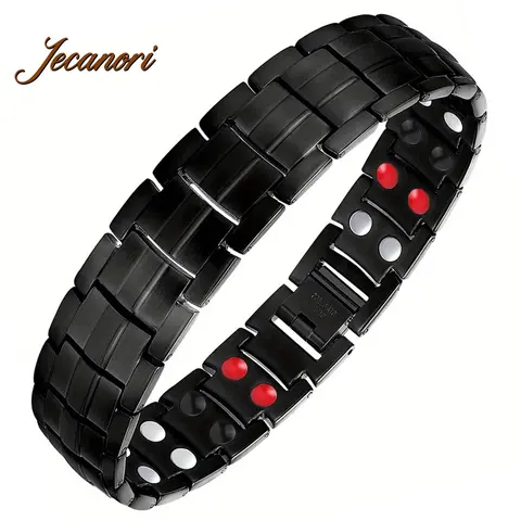 Jecanori Male Elegant Minimalist Bangle - Stainless Titanium Steel Magnetic Snap-On Bracelet, Adjustable Cuff with Double-Row 4-Element Stones, Strong Magnet Hold for Daily Casual Wear (Chain Armlet Bracelets & Bangles)