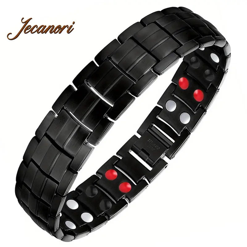 Jecanori Male Elegant Minimalist Bangle - Stainless Titanium Steel Magnetic Snap-On Bracelet, Adjustable Cuff with Double-Row 4-Element Stones, Strong Magnet Hold for Daily Casual Wear (Chain Armlet Bracelets & Bangles)