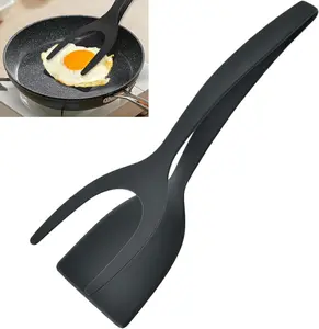 2 in 1 Grip and Flip Spatula Tongs Egg Flipper Tong Fried Egg Double Spatula, Non-Stick Food Clip Egg Turner Pancake Fish French Toast Omelet Making for Home Kitchen Cooking Tool (Black)