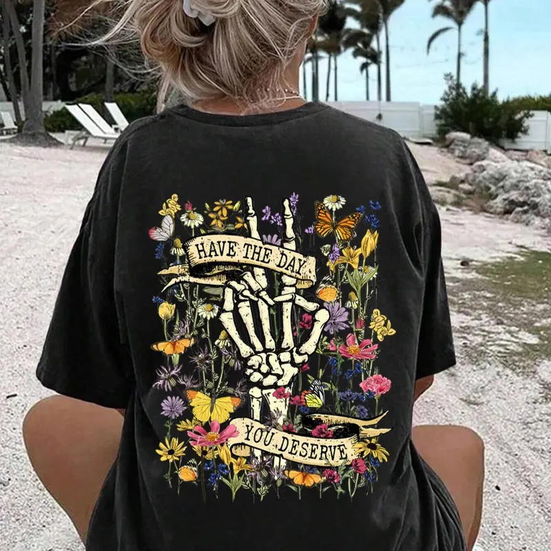 Women's Halloween Floral, Skeleton & Casual Printed Drop Shoulder Tee, Casual Half Sleeve Round Neck T-shirt for Daily Wear, Ladies Clothes for All Seasons, Casual Summer Top