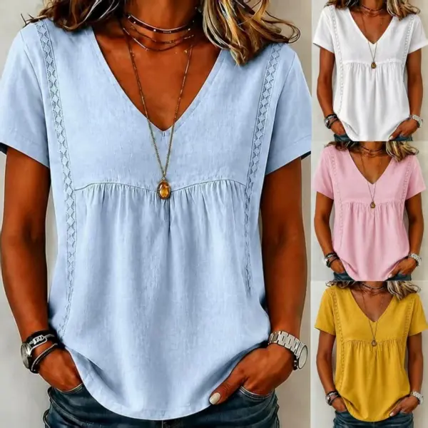 Women's Casual 3/4 Sleeve Lace Trim V-Neck Blouse Lightweight Pullover Tunic Top with Elegant Crochet Detail Office Daily Wear Multiple Colors