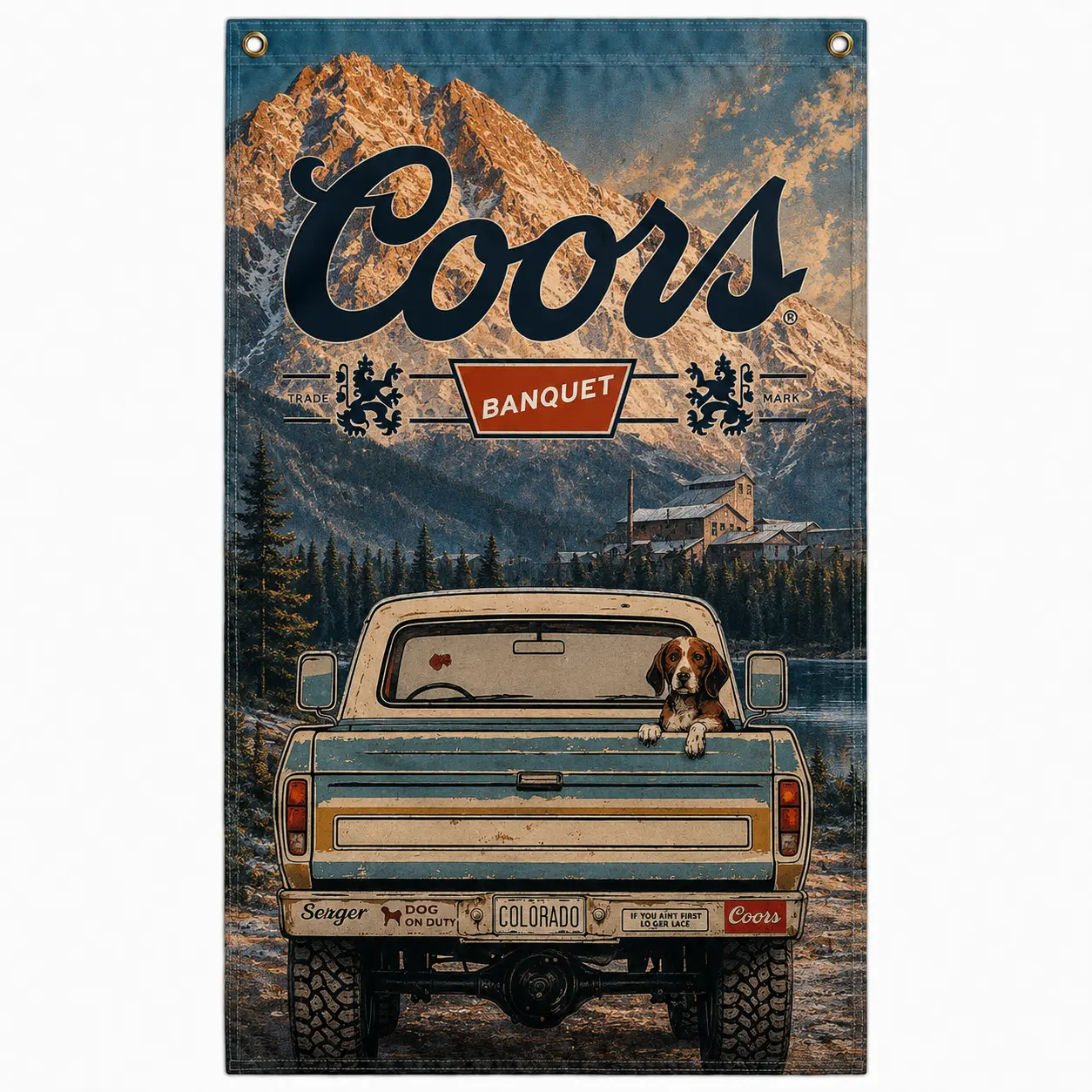 Coors Colorado Mountain Flag 3x5 Ft, Vintage Pickup Truck and Hunting Dog Beer Banner, Rustic Wall Decor for Cabin, Garage, Man Cave, Home Bar or Ranch