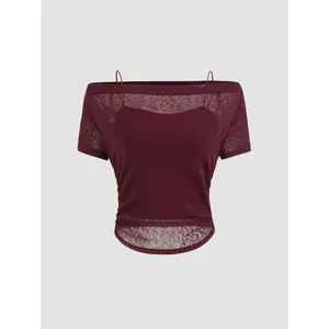 Cider Off-shoulder Ruched Short Sleeve Tee & Cami Top