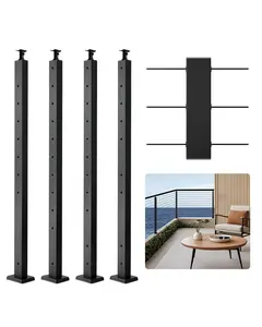 4-Pack Cable Railing Post, 42x2x2 In Horizontal-Hole Deck Railing Post With Pre-Drilled Holes, Stainless Steel Cable Rail Post With Horizontal And Curved Bracket, Black, 4JZLGZXHS106URZU0001V0