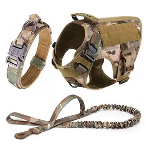 Large Dog Harness & Collar Leash Set Military K9 Tactical Vest for German Shepherd & Medium to Large Dogs Durable Adjustable Camouflage