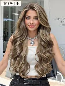 Topshe 13x6 Lace Front Wig, Balayage Long Curly Hair, Heat Resistant Fiber, Perfect for Daily Wear & Festivals, Lace Frontal Wig