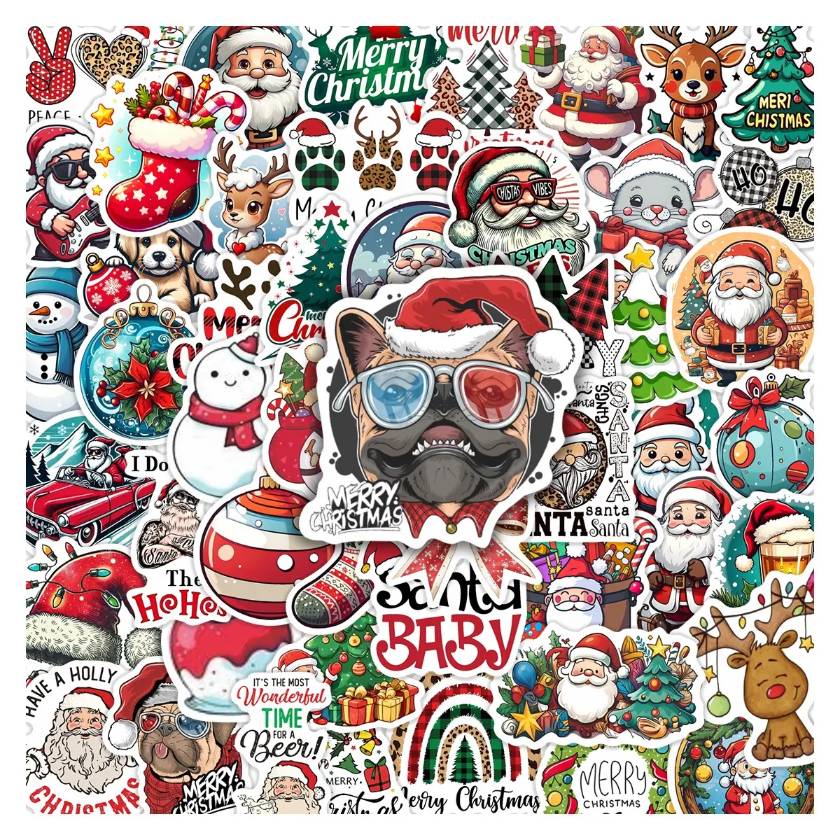 50pcs Fun Christmas Festive Stickers Pack, Sticker Set, Waterproof Retro Holiday Santa & Cute Animal Icon Decals for Laptop, Water Bottle, Journal & Scrapbook, Christmas & Playful Holiday Lover Gift