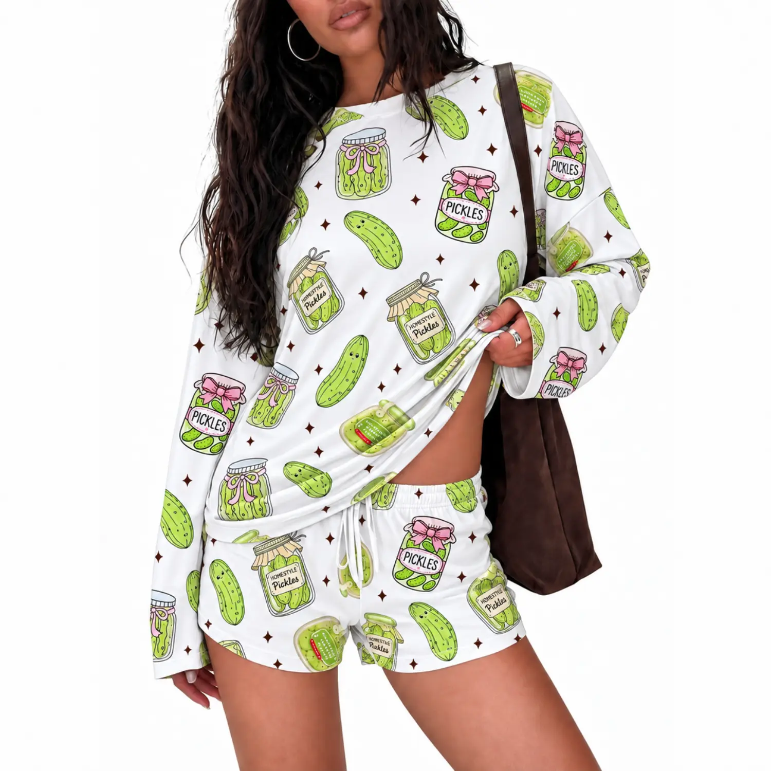 Women's 2-Piece Loungewear Set - Pickles & Bows Print Oversized Crew Neck Long Sleeve Top + Elastic Waist Shorts, Trendy Casual Homewear