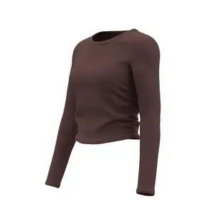 Ribbed Form-Fitting Crop Top - Side Ruched Long Sleeve Casual Shirt