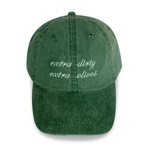 ValDesigns Vintage Embroidered Cotton Cap - Adjustable Casual Style Hats for Women, Relaxed Fit Distressed "Extra Dirty Extra Olives" Green, Brass Buckle Strap Closure