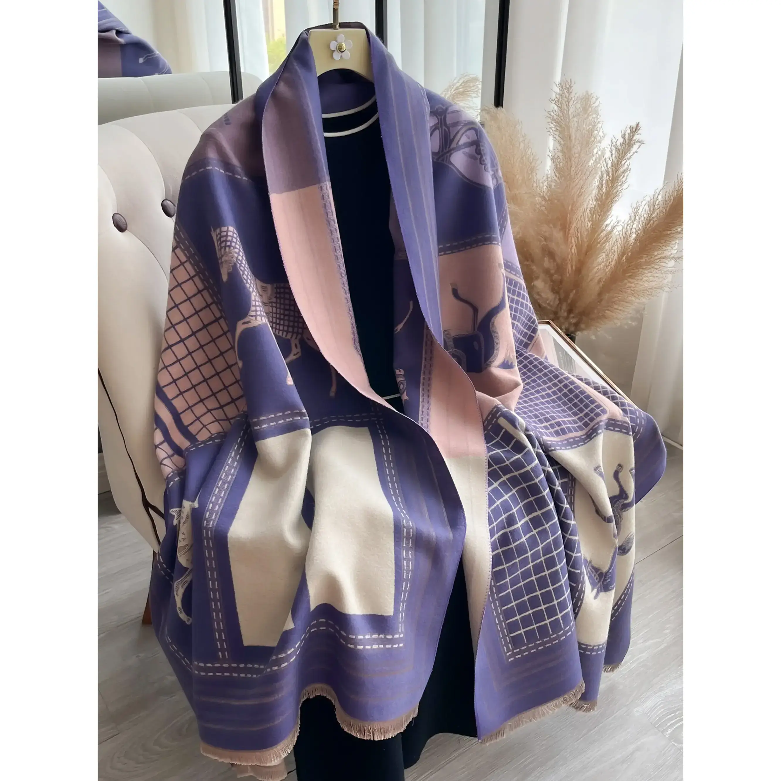 Boho Style Colorful Horse & Plaid Pattern Shawl, Casual Soft Warm Long Scarf, Textured Blanket Scarf for Fall & Winter, Fashion Accessories for Women & Men Boho Style Colorful Horse & Plaid Pattern Shawl, Casual Soft Warm Long Scarf, Textured Blanket Scarf for Fall & Winter, Fashion Accessories for Women & Men