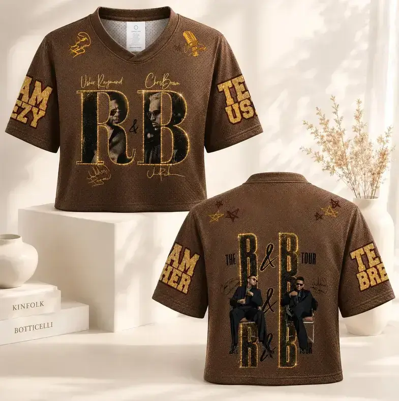 Retro R&B Music Concert Football Jersey Crop Top - Gold Star Hip Hop Tour Fan Merch V-Neck Mesh Shirt, Team Bree Team Usher, Brown Streetwear Top