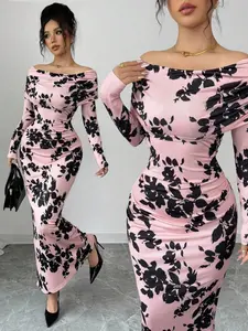 Madeline French Style Printed Off-Shoulder Long Sleeve Long Dress, Women's Elegant Chic Summer Fashion, Perfect for Parties and Casual Wear