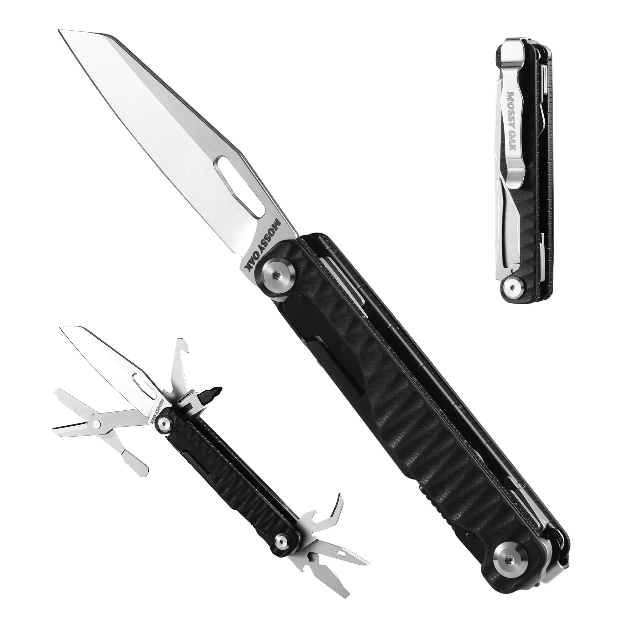 #fathersdaygift Mossy Oak Multitool Knife, 12 in 1 Pocket Multitool with G10 Handle, EDC Multi Tool Knife with Scissors Bottle Opener Screwdrivers and More for Camping, Survival, Hunting and Outdoors