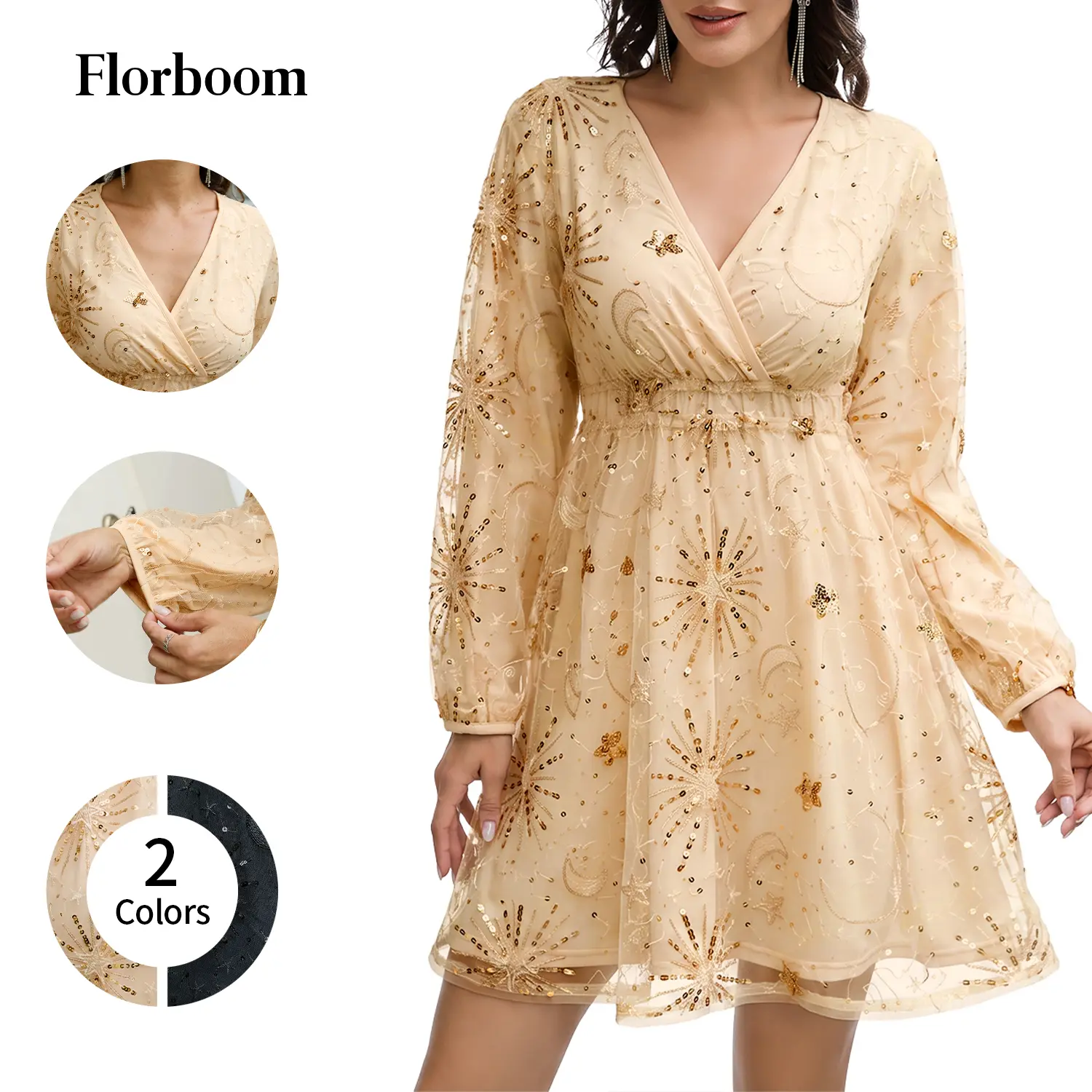 Florboom Women's V-Neck Sequin Embroidered Boho Dress, Sparkly Star Moon Beaded Mesh Party Dress for Wedding Guests, Holidays, Clubs