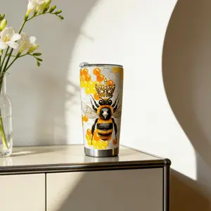 Queen Bee Honeycomb Tumbler 20oz Insulated Stainless Steel Travel Cup 590ml Double-Wall BPA-Free Spill-Resistant Clear Lid for Hot Cold Drinks