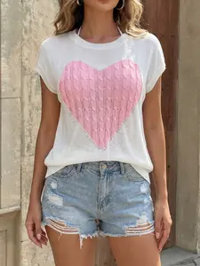 Trendy Women's Heart Pattern Sleeveless Knit Top Cute Crew Neck Cap Sleeve Sweater Vest Casual Loose Fit Spring Summer Daily Wear Tank Top