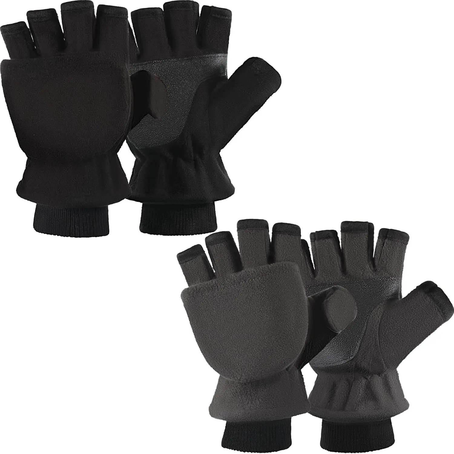 Men's 2-Pair Convertible Flip-Top Mittens - Fleece Fingerless Gloves with Thermal Protection