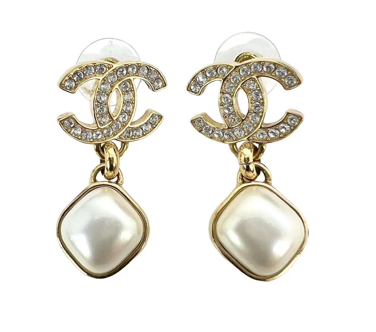 Pre-owned Chanel Gold Crystal CC Pearl Dangle Earrings