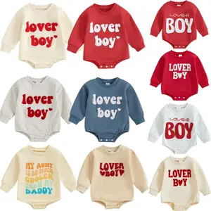 Newborn Baby Boy Valentines Day Outfit Lover Boy Embroidery Sweatshirt Bubble Romper Oversized Onesie Long Sleeve Outfits