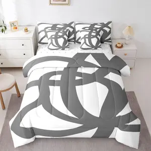 7 Pieces Grey and White Geometric Comforter Set for Kids Stripe LineBedding for All Season,Women Men Teens Ultra Soft Abstract Modern Art 7 PCS Bed Set