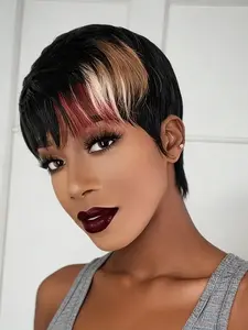 Women Short Layered Curly Pixie Cut Wig, Glueless Straight Human Hair Wig with Bangs, Mixed Color Casual Daily Wear, Glueless Ready To Wear Wig, Glueless Human Wigs