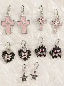 Women's Fashion Earrings Set, Earring Stacking Set, Silver Color Heart & Star Design, Gothic Punk Style Jewelry Gift for Women, Party Daily Wear Accessories, Studded Cross Earrings, High Quality Earrings, Heart Shape Earrings