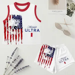Michelob Ultra Women’s Crop Top and Sport Shorts Set, USA Flag Skull Graphic Red White Blue Summer Outfit, Gift for Her