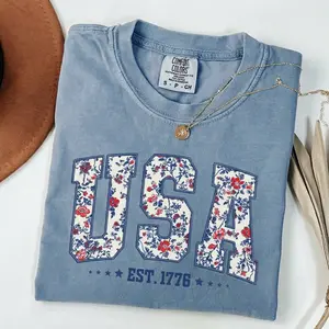 USA Floral Shirt Comfort Colors, Patriotic 4th of July Shirt, Vintage USA 1776 Tee, American Flag Floral Graphic Tee, Independence Day Outfit Women, Blue Jean Shirt