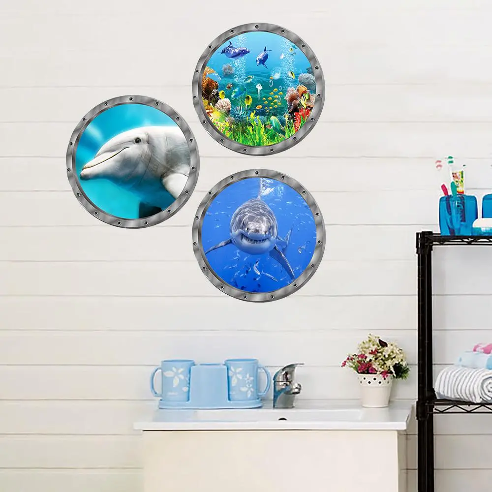 Underwater World Pattern Wall Sticker, 4 Counts/set 3D Porthole Dolphin Shark Sea Fish Marine Life Wall Decoration, Self-adhesive Wall Sticker