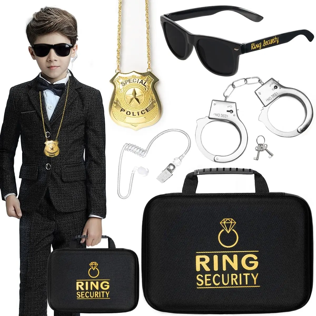 Ring  Wedding Ring Bearer Proposal Box Gifts, Sunglasses,   Badge, Earpiece Earplugs,  Handcuffs With  for Boys, Sturdy Briefcase, Wedding Stuff