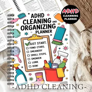 1pc ADHD Cleaning Planner Themed Subject Notebook,Clipboard Checklist Style-Colorful Cleaning Tools and To-do List Clipboard Pattern.Plan Cleaning and Organizing Tasks. Organizational Planner.Task Breakdown and Checklist Management.5.5x8.3 Inch Notebook