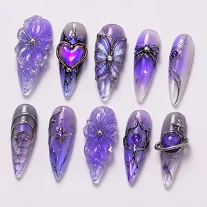 Handmade 3D Flower Press On Nails, Lavender Color Butterfly Aura Nail Art