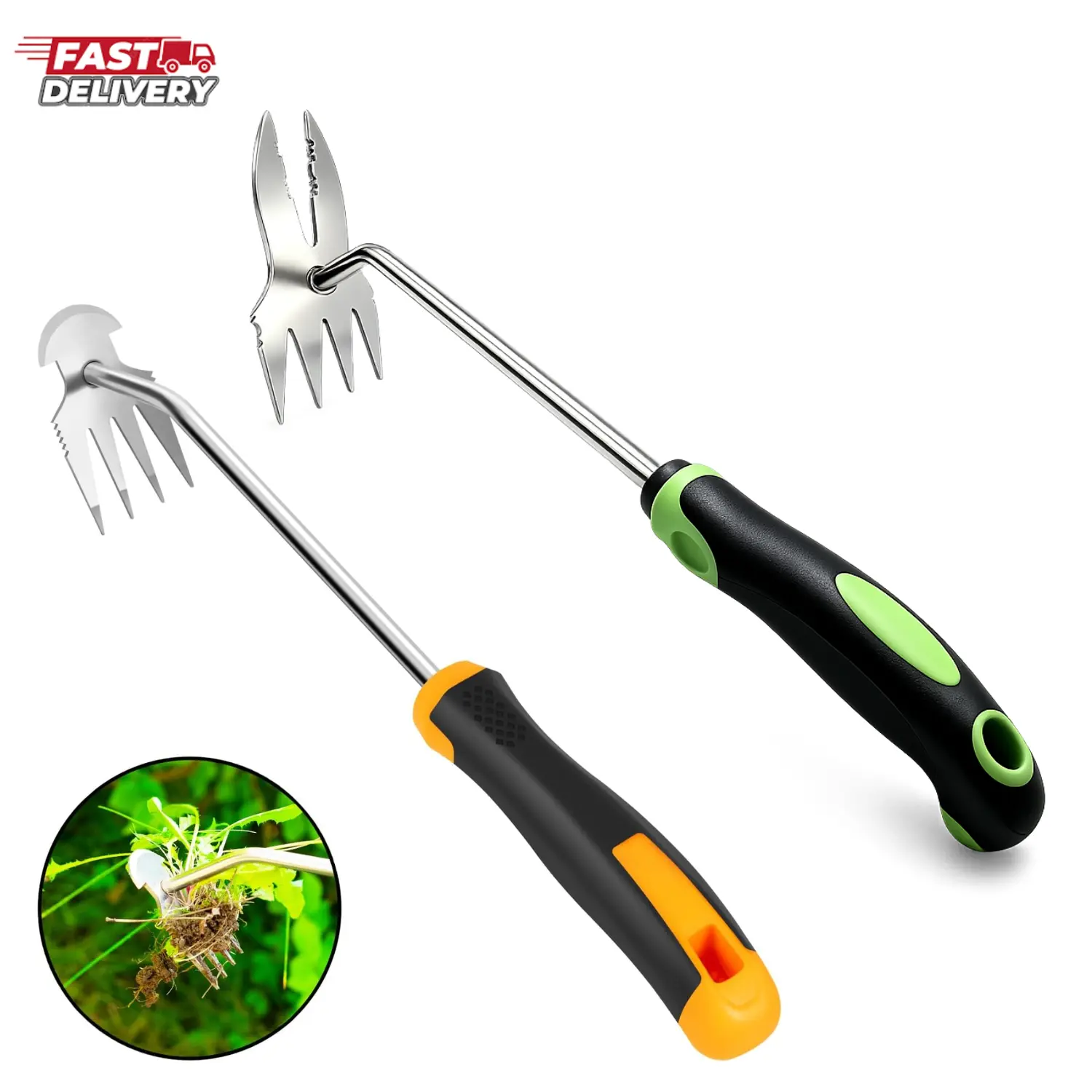 Uprooting Weeding Tool - Hand Held Weeder Puller Tool, Rubber Handle, 4 Teeth Weed Remover for Garden Farm Weeding