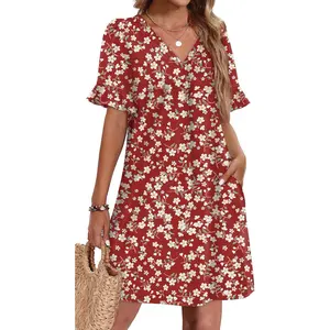 Summer Dresses for Women Ruffle Short Sleeve V Neck Casual Shift Dress with Pockets