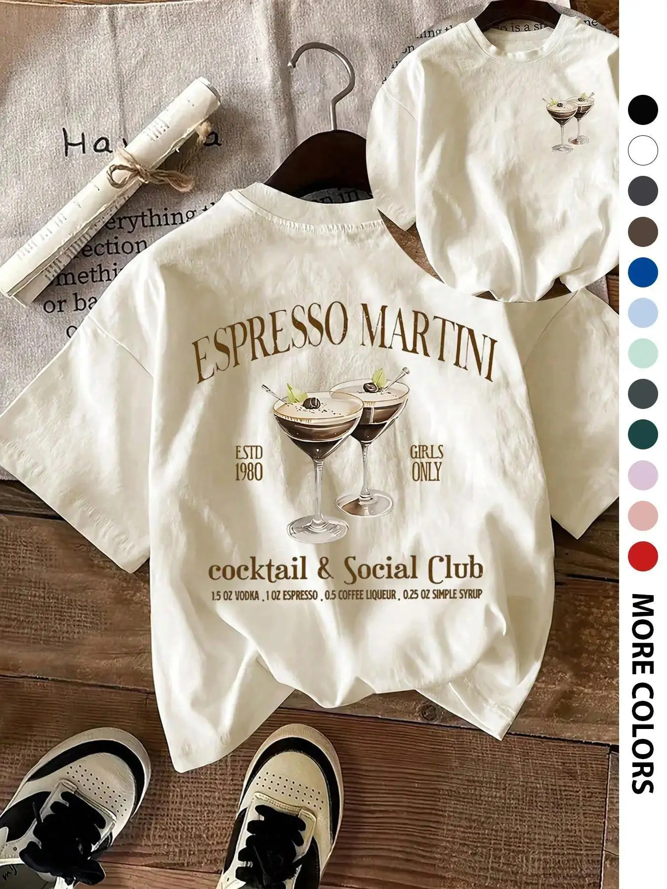 Vintage Espresso Martini Cocktail Social Club Graphic T-Shirt, Retro "Girls Only" Print Oversized Crew Neck Tee, Women's Short Sleeve Streetwear Cotton Top, Trendy Bachelorette Aesthetic Shirt for Cocktail Lovers, Party Girls and Bar Enthusiasts