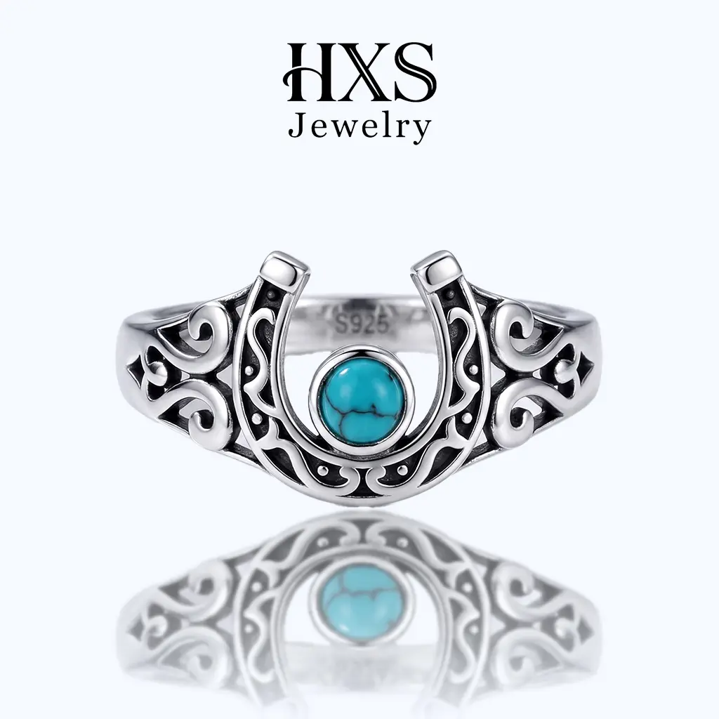 Women's S925 Sterling Silver Cowgirl Lucky Horseshoe Ring - US Sizes, Round Artificial Turquoise Center Stone, Filigree Scrolls Engraving, Oxidized Antique Finish, Western Statement Ring, Birthday & Daily Wear Gift