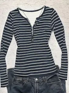 Women's Slim Fit Striped Long Sleeve V Neck T-Shirt, Casual Fashion Elegance Button Front Top for Fall & Winter, Versatile Daily Wear Everyday