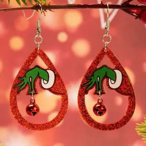 Christmas  Earrings - Festive Red Glitter Teardrop Design with Green  Character and Bell Accents