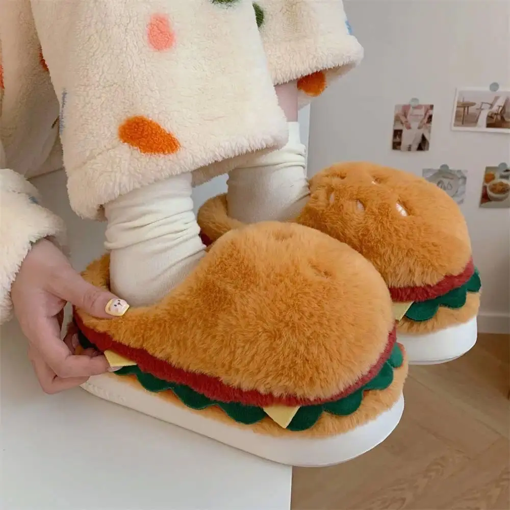 Women's Winter Warm Cartoon Hamburger Slide Slippers, Thick-Sole Soft Plush Indoor Platform Home Floor Shoes, Footwear