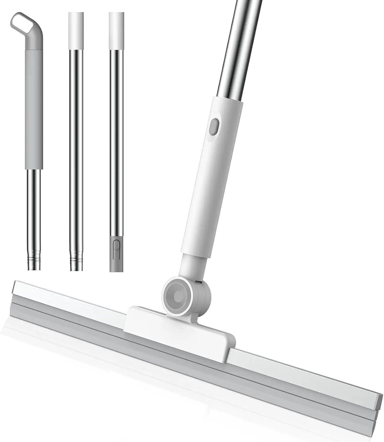 Floor Squeegee, 52-in Adjustable Long Handle Squeegee for Floor Water Removal 180° Rotatable Head Squeegee Broom for Cleaning Window Shower Glass Tile Garage Concrete Pet Hairs, Grey&White