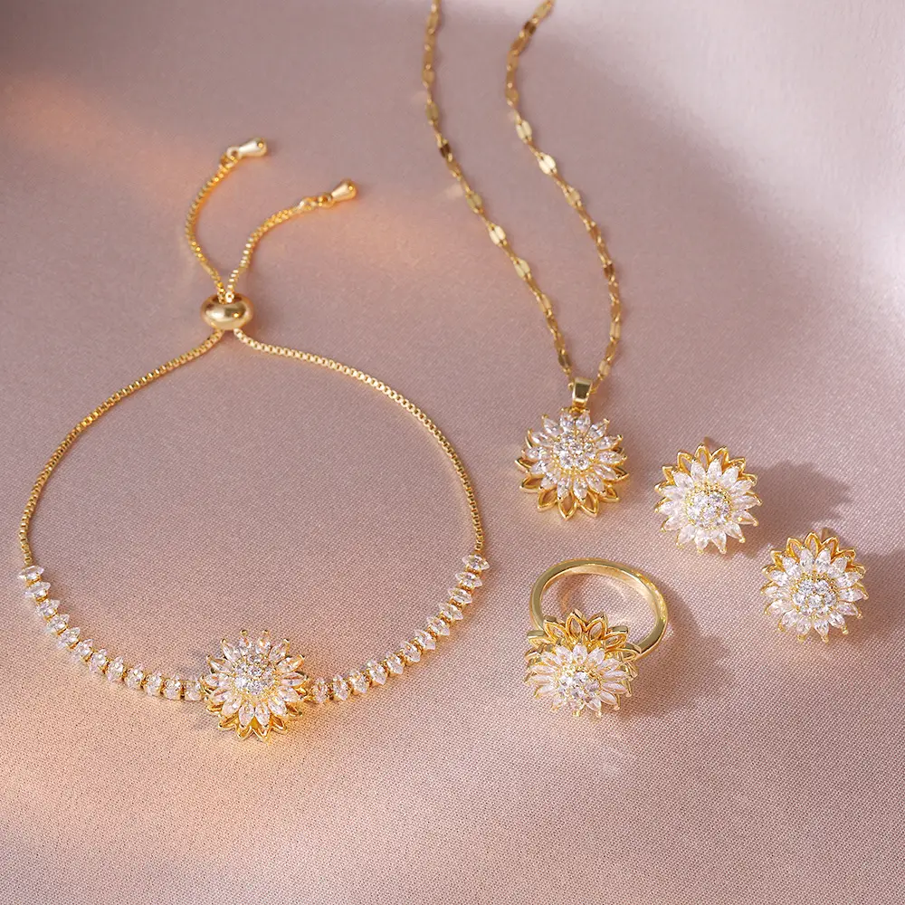 Jewelry Set, Fashion Style SUNFLOWER New Zircon Sunflower Ins Ring Rotatable Clavicle Chain Jewelry, Bracelet + Necklace + Earrings + Ring