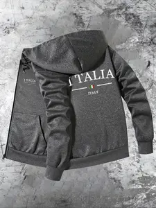 Men's Italy Flag Print Zip Up Hooded Jacket, Regular Fit Casual Long Sleeve Outerwear for Spring & Fall, Men's Clothes for Daily Wear, Coats