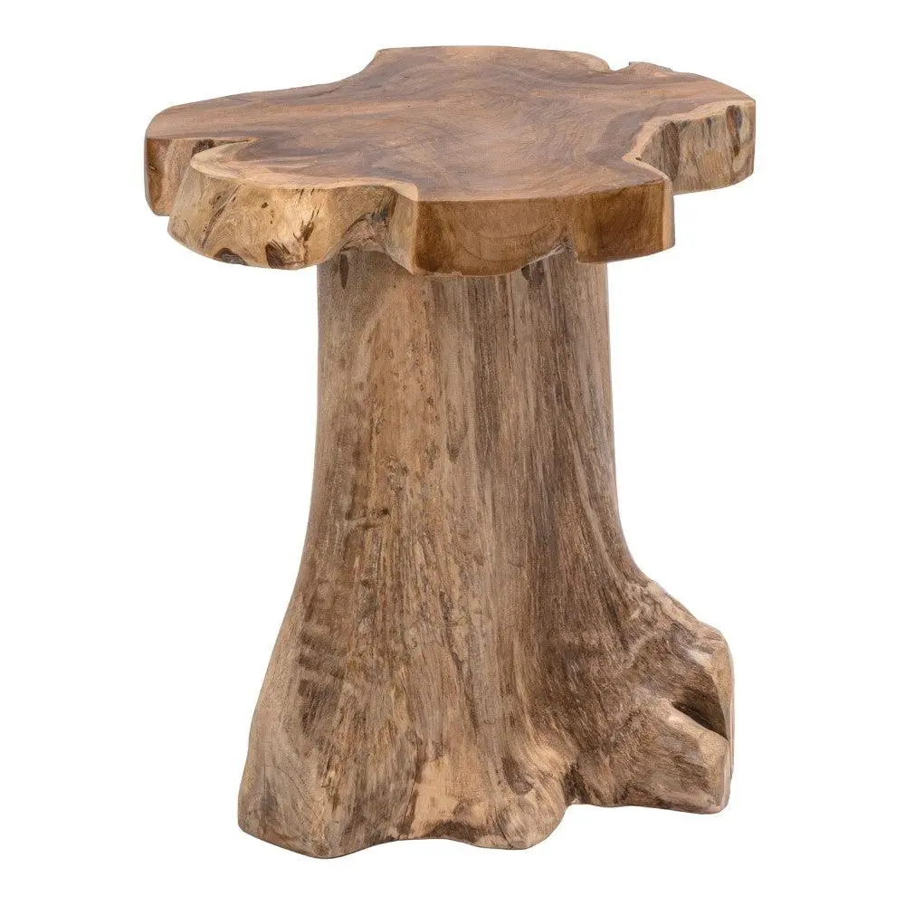 Amara 15.75in Rustic-Modern Handmade Live-Edge Solid Teak Wood Stump Stool, Indoor Living Room Furniture