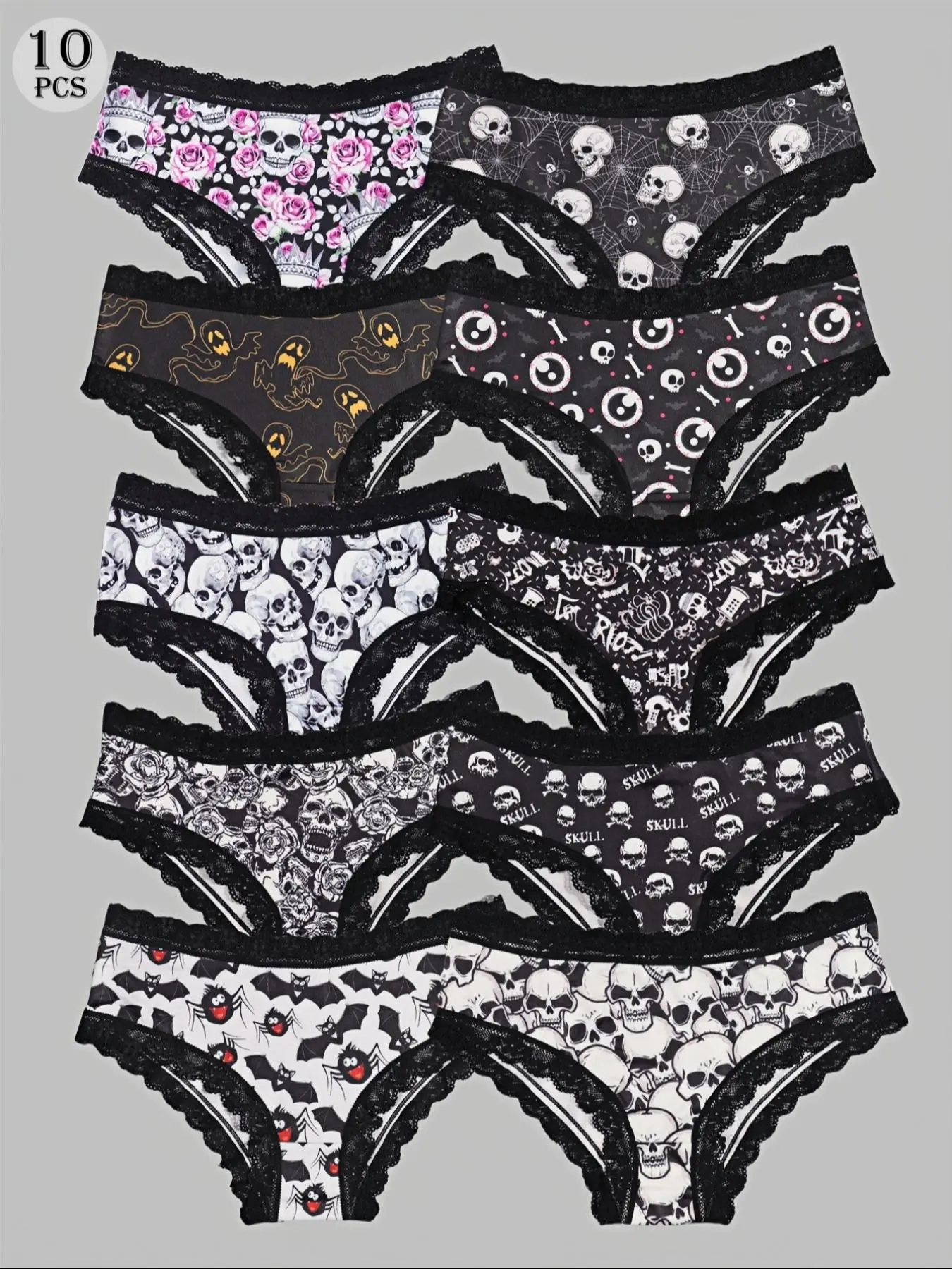 Morvia 10pcs Sexy Cute Gothic Halloween Contrast Lace Knicker Hipster Panties, Allover Print Comfy Intimates Briefs Panties, Women's Underwear & Lingerie, Soft Breathable Panty