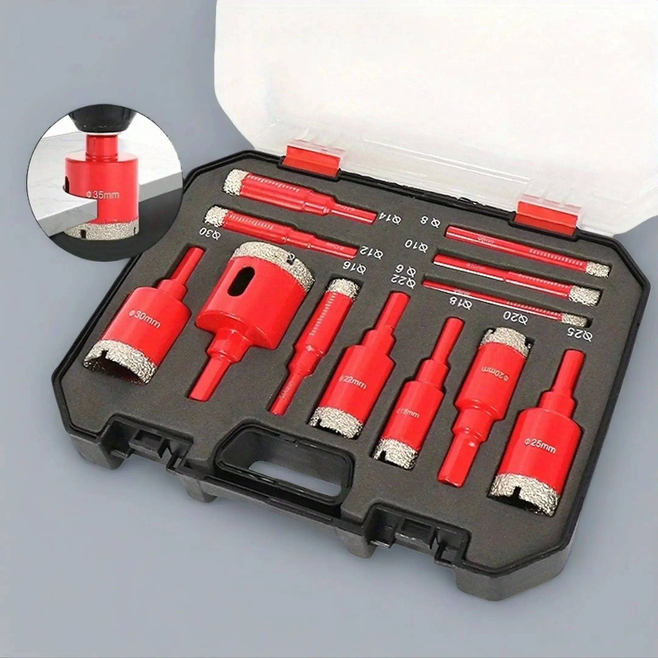 12-Piece Diamond Welding Red Dry Drill Bit Set, Diamond Drilling Bits for Efficient and Convenient Drilling, Suitable for Granite, Marble, Full-Size Glass Tiles and Ceramics